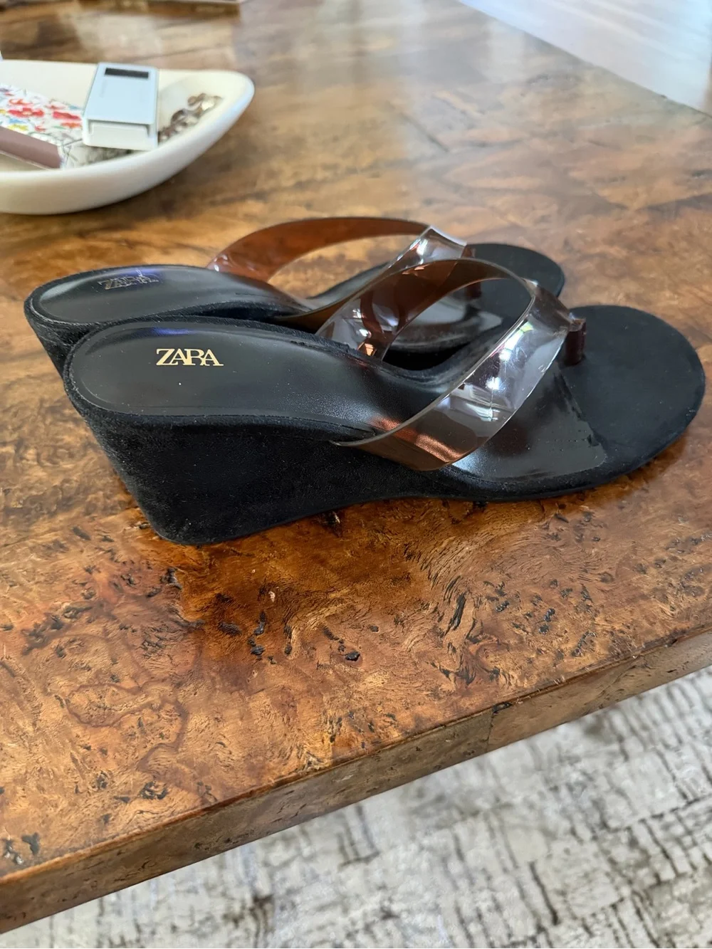 ZARA Black Footbed Clear PVC Wedge Thong Sandals - Picture 3 of 4